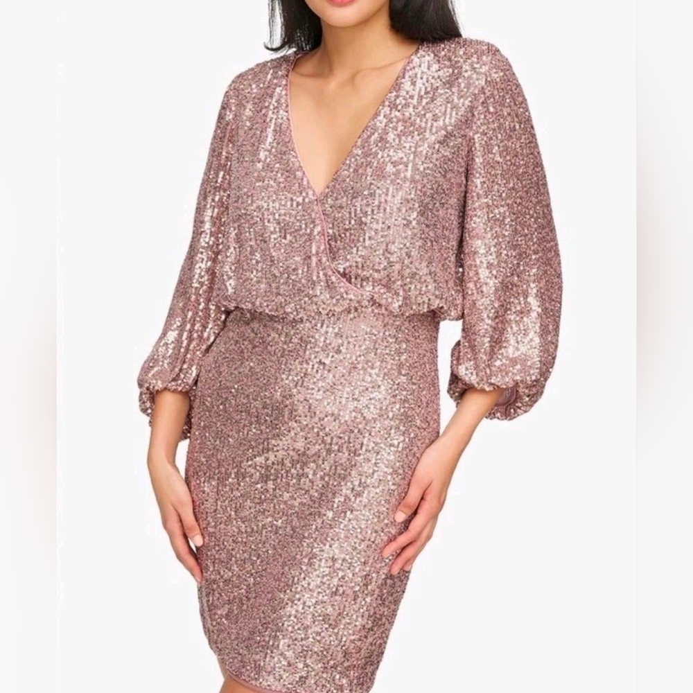 Eliza J Sequin V-Neck Cocktail Mini Dress/ Sheath - Rose Gold/Baloon Sleeves NWT - Picture 2 of 16